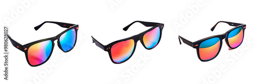 Collection set of vibrant black raper sunglasses isolated on a transparent background