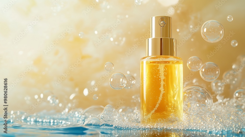 A golden liquid in a spray bottle surrounded by bubbles and water on a soft, blurred background A golden liquid in a spray bottle surrounded by bubbles and water on a soft, blurred background
