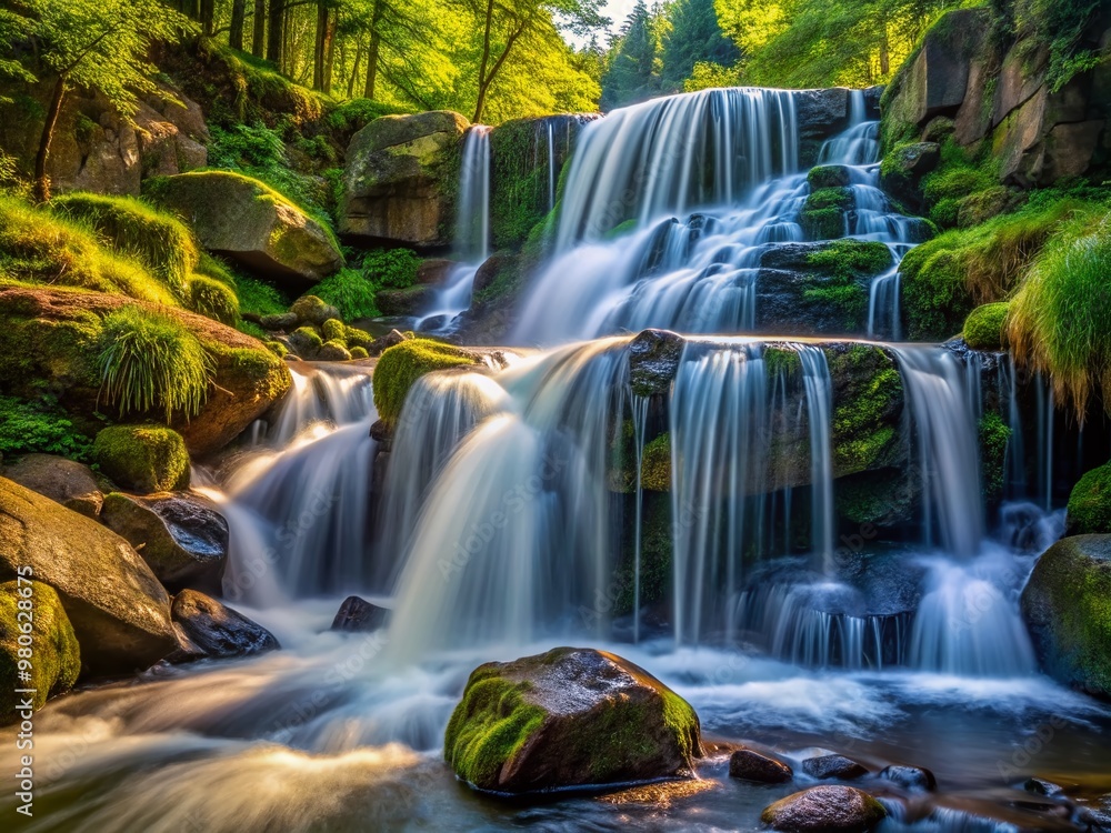 Obraz premium Serene closeup of a small waterfall cascading down uneven rocks, water gushing in a dynamic dance, capturing the raw energy and beauty of nature's forces.