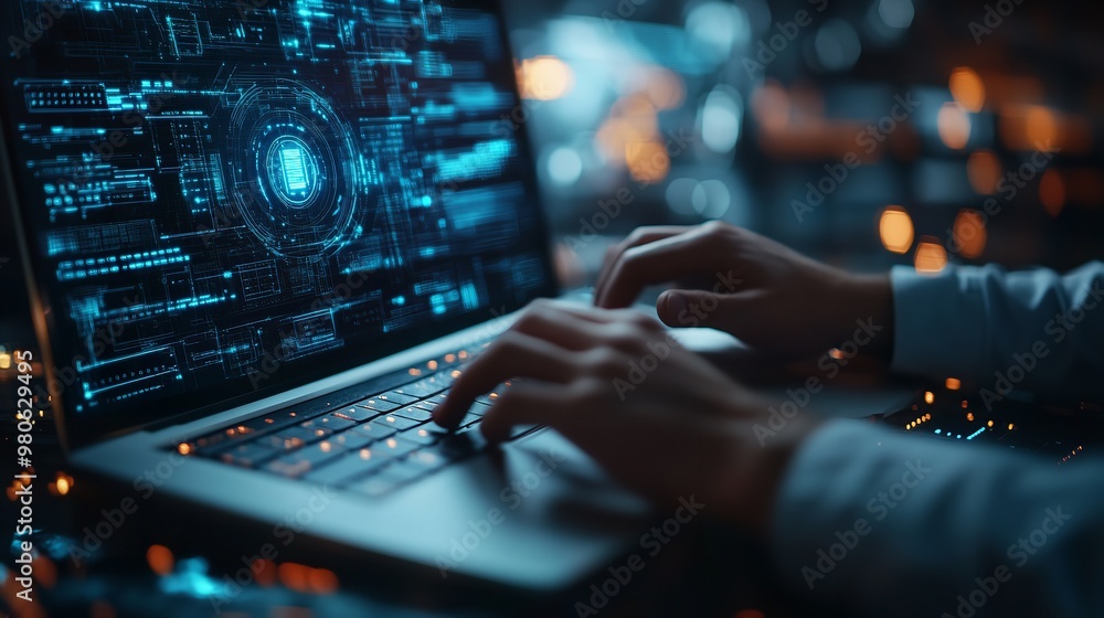 Hands typing on a laptop with code overlay, representing data science, programming, and machine learning Hands typing on a laptop with code overlay, representing data science, programming, and machine learning
