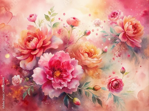 Vibrant pinks and reds blend in a stunning, abstract floral design, showcasing delicate watercolor effects and soft, dreamy textures in a fresh artistic composition.