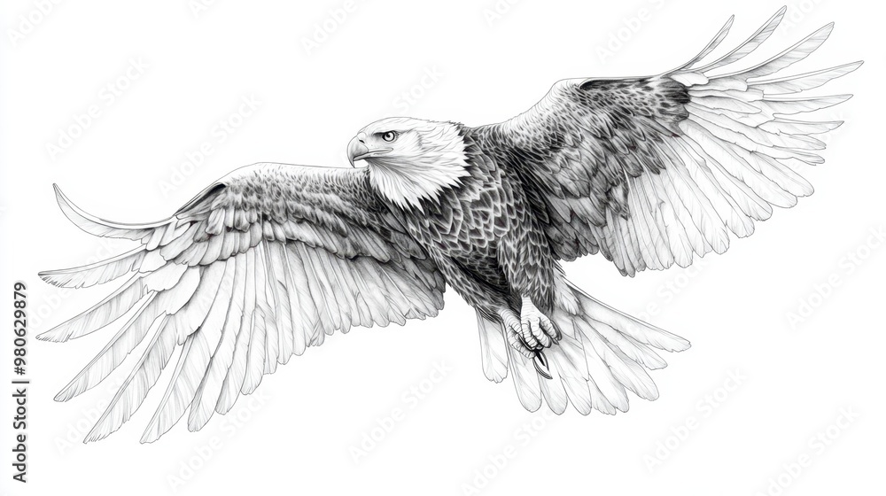 30. A detailed black and white line art of an eagle in mid-flight, its ...