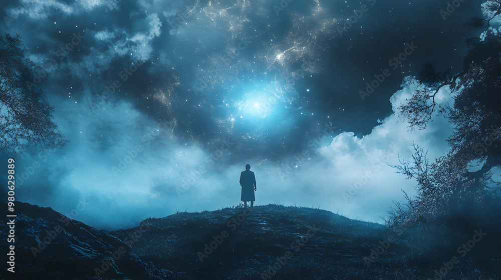 Fototapeta premium Lone figure gazing at cosmic sky