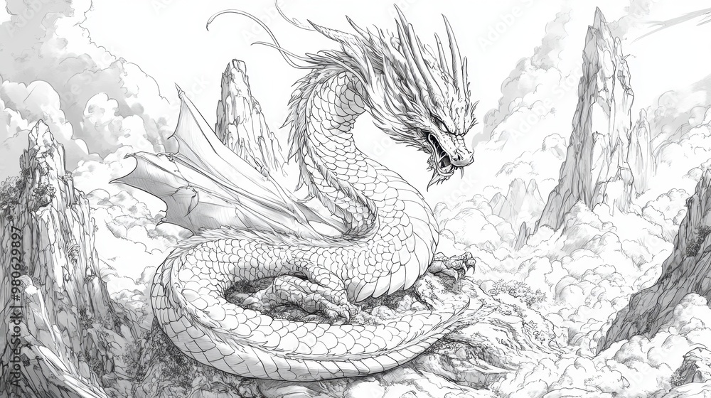 Fototapeta premium 19. A black and white line art illustration of a dragon curled around a mountain, its scales and wings intricately detailed, creating a sense of power and movement