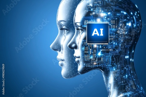 Two female heads facing each other in a futuristic blue environment with an AI logo representing human machine collaboration and artificial intelligence communication