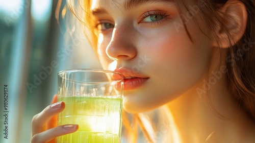 A close-up shot of a young woman s face, her lips gently touching the rim of a glass with pale green liquid. The bright sunlight pours through a window, creating a soft halo around her, while the