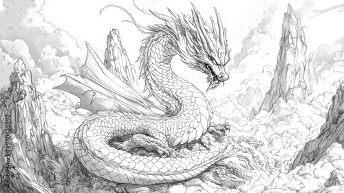 19. A black and white line art illustration of a dragon curled around a mountain, its scales and wings intricately detailed, creating a sense of power and movement photo