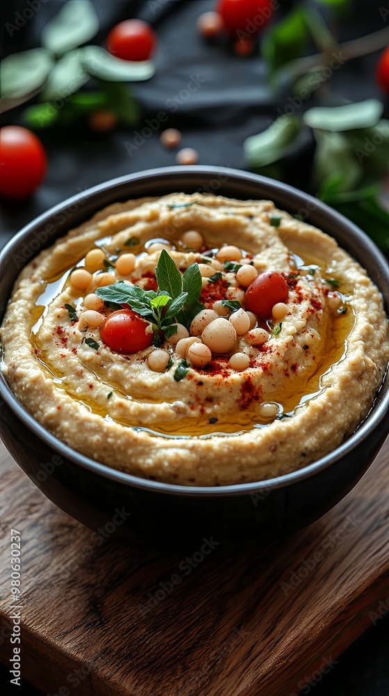 Lentil hummus in bowl on wood Close up Lentil hummus in bowl on wood Close up