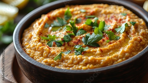 Lentil hummus in bowl on wood Close up