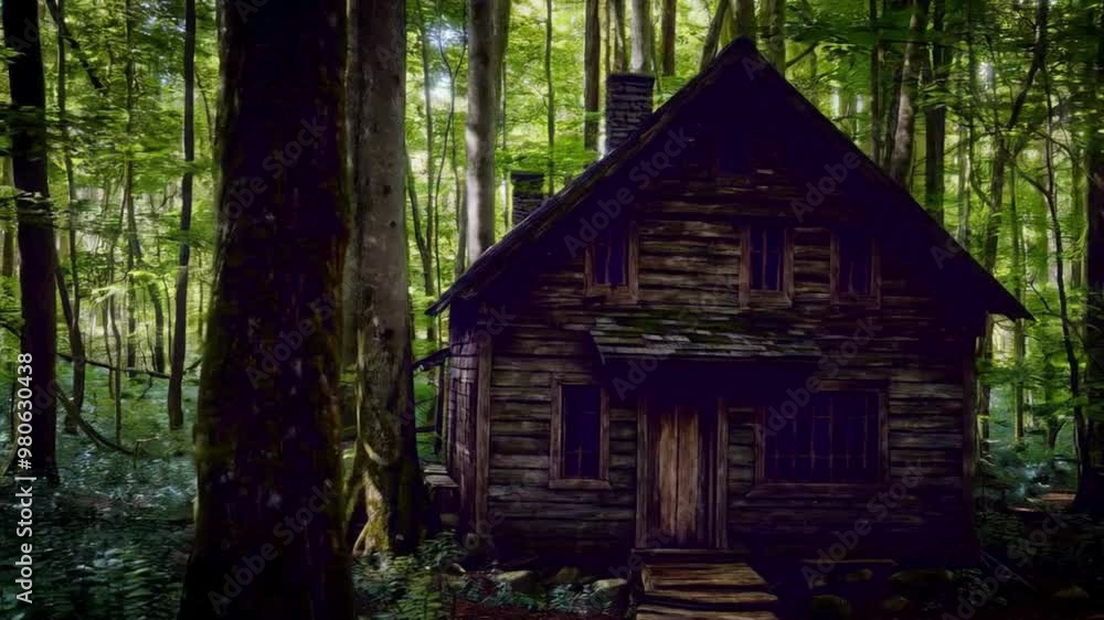 Abandoned Wooden Cabin in Lush Forest with Sunlight Streaming Through Trees Abandoned Wooden Cabin in Lush Forest with Sunlight Streaming Through Trees