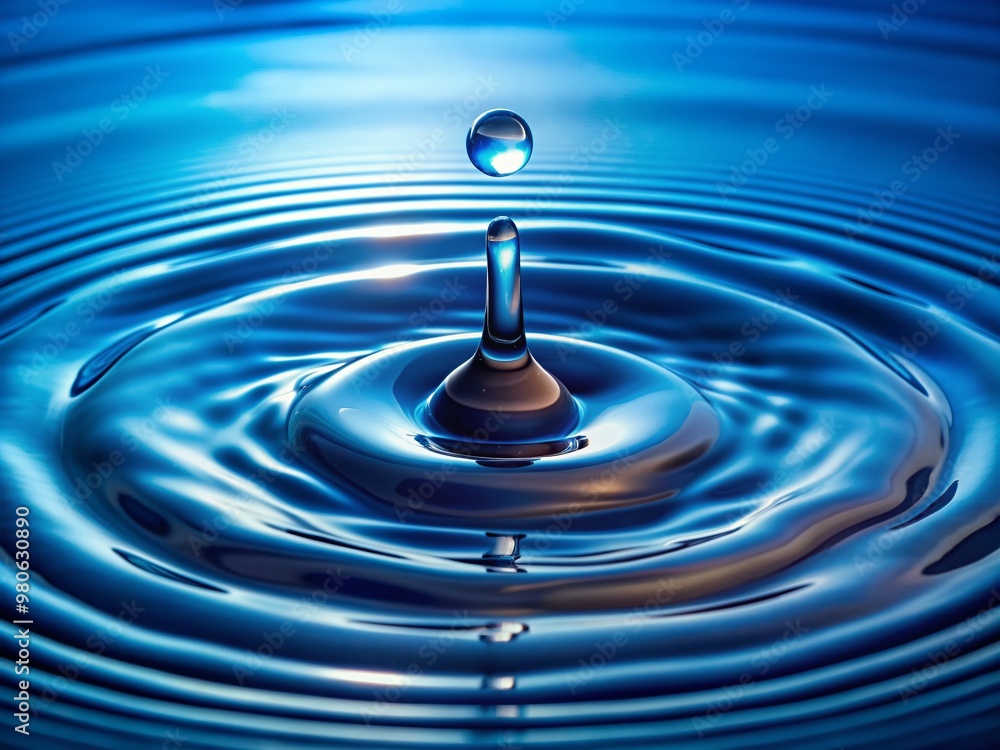 Mesmerizing close-up of a solitary water droplet impacting a calm blue surface, radiating intricate ripples and concentric circles in a perfect display of fluid dynamics. Mesmerizing close-up of a solitary water droplet impacting a calm blue surface, radiating intricate ripples and concentric circles in a perfect display of fluid dynamics.