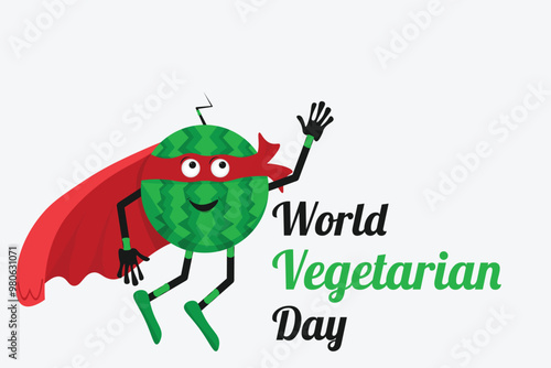 Happy watermelon hero character. Fruit watermelon mascot. Vegetarian day poster or banner