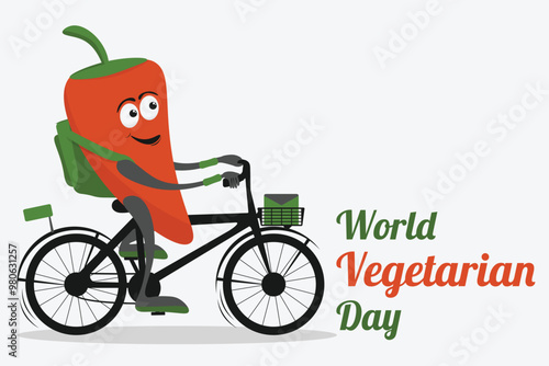 Happy pepper character vegan logo on bicycle. Vegetable pepper mascot logotype. Vegetarian logo