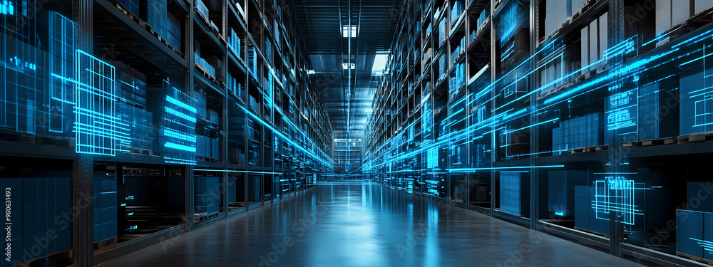 Obraz premium Digitalized Warehouse with Automated Shelving Systems