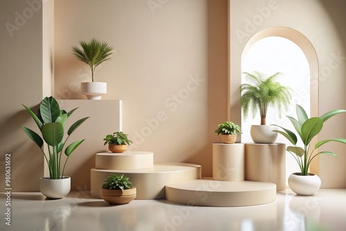 Minimalist beige and white background with a sleek modern podium, abstract geometric forms, and potted plants, offering ample copy space for product presentation and display.