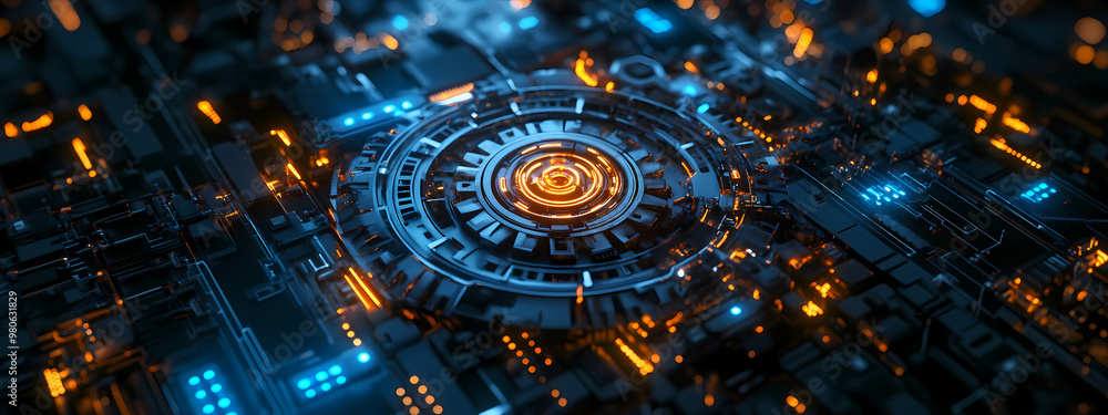 Fototapeta premium Futuristic Gear System in Digital Circuit