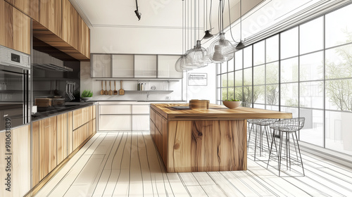 Modern 3D Abstract Kitchen Interior Design Sketch with Unique Perspective