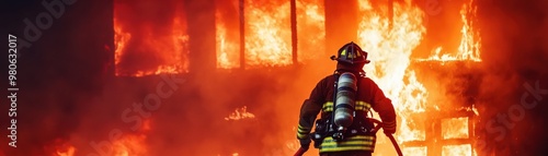 Brave firefighter battling intense flames in a dramatic rescue at a burning building, showcasing courage and heroism.