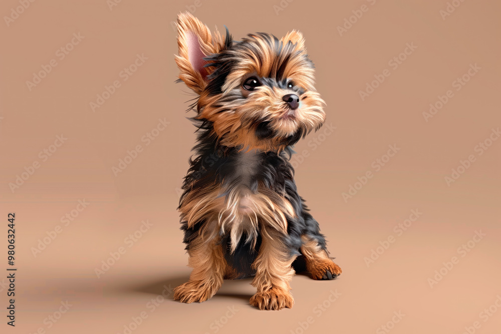 Adorable Yorkshire Terrier puppy with fluffy fur sitting on a beige background. Concept of cute pets and companionship Adorable Yorkshire Terrier puppy with fluffy fur sitting on a beige background. Concept of cute pets and companionship