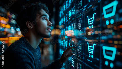 Young Man Interacting with Digital Shopping Interface Free Download Young Man Interacting with Digital Shopping Interface - GFXLoad