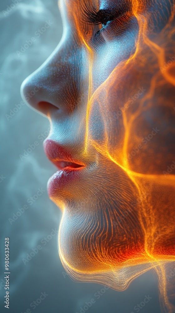 A digitally rendered profile of a face with glowing, fiery elements. A digitally rendered profile of a face with glowing, fiery elements.