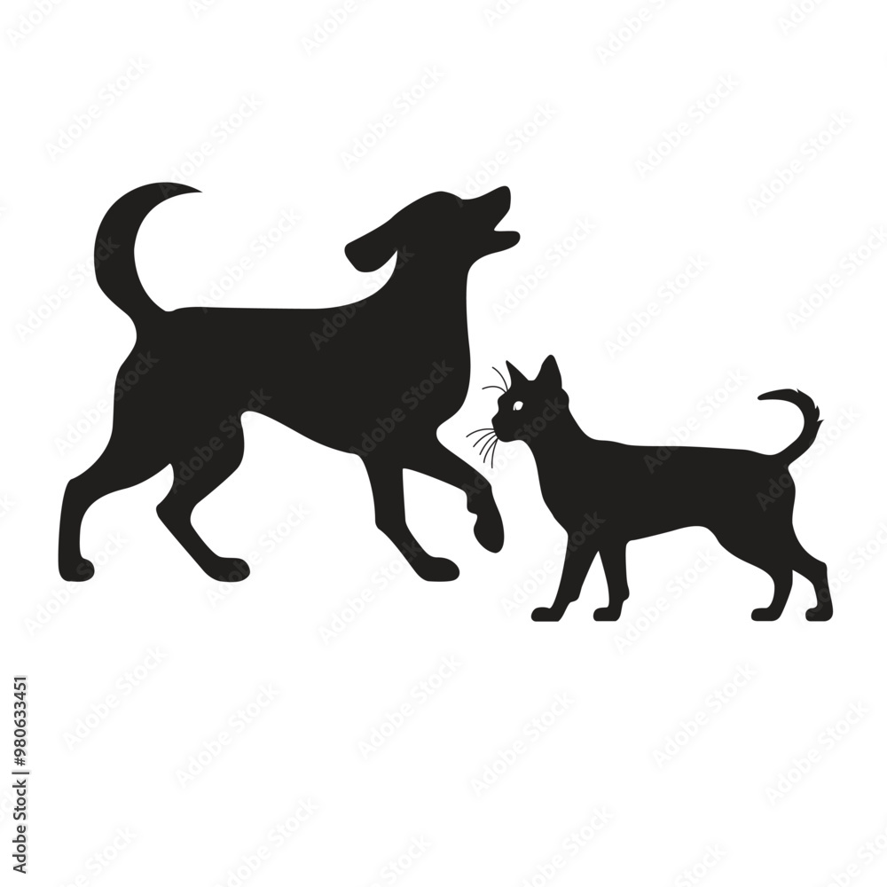 This is a simple black and white illustration of a cat & dog silhouette. This is a simple black and white illustration of a cat & dog silhouette.
