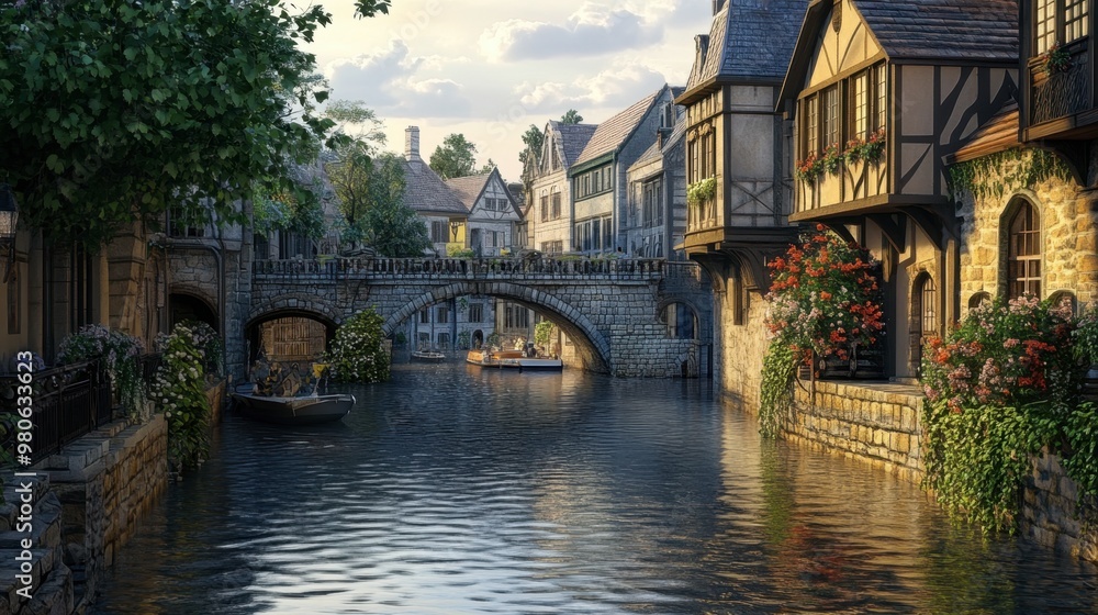 Naklejka premium A river running through a quiet town, with stone bridges and historic buildings lining the peaceful waterway.