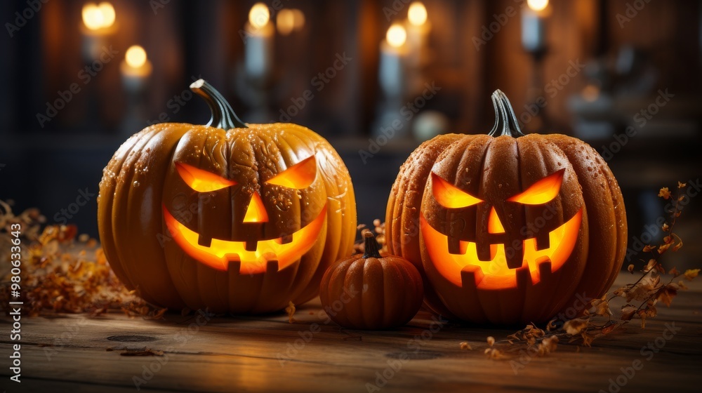 Fototapeta premium Carved pumpkins with glowing faces on a rustic table against a cozy candle-lit background