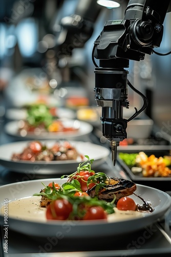 Automated kitchen technology plating gourmet dishes with precision. Innovative cooking and food presentation in modern culinary settings.