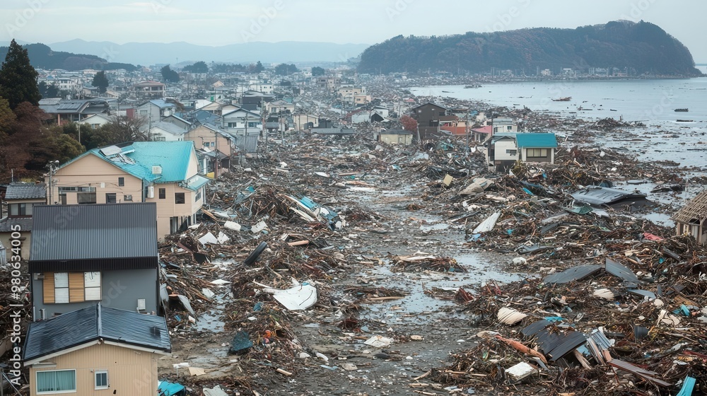 A coastal town devastated by a tsunami, with debris and destruction stretching for miles