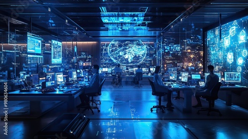 Futuristic Control Center with Advanced Technology and Data Screens