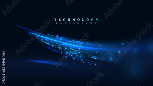 Blue empty space scene with moving decorations of small molecules and neon light curves. Futuristic technology background design concept. Vector illustration.