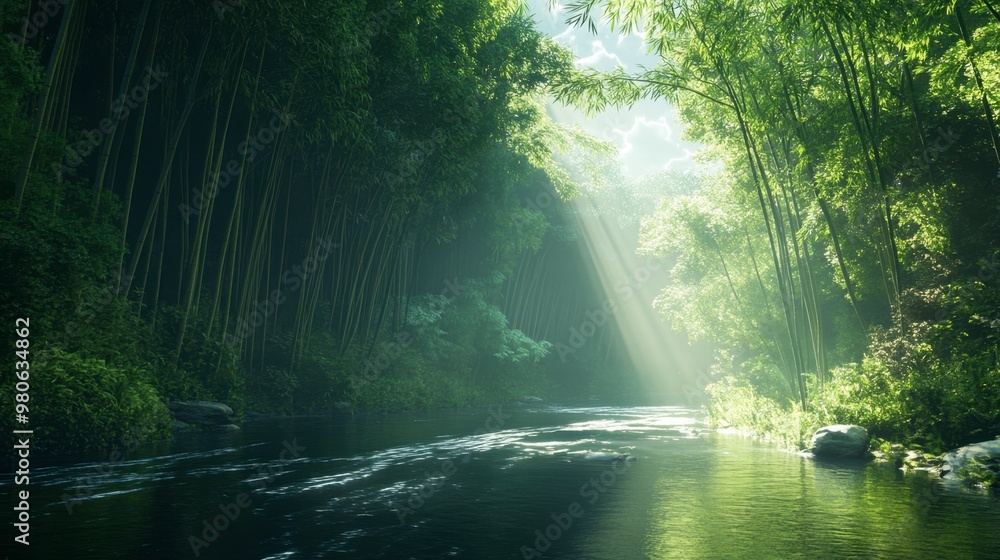 A serene river winding through a dense bamboo forest, with shafts of light streaming through the tall green stalks. A serene river winding through a dense bamboo forest, with shafts of light streaming through the tall green stalks.