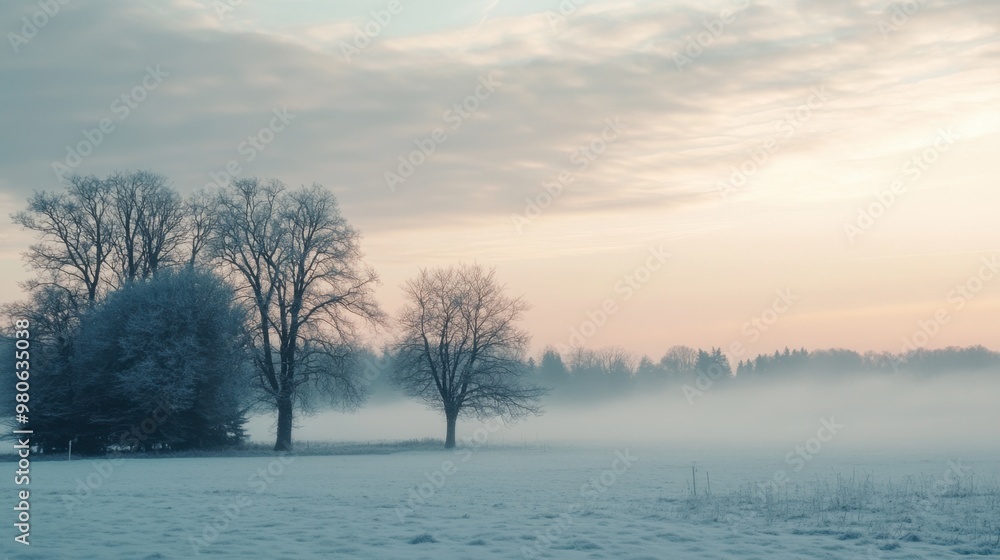 A serene winter landscape with snow-covered trees and low clouds hanging over the horizon, creating a peaceful atmosphere. A serene winter landscape with snow-covered trees and low clouds hanging over the horizon, creating a peaceful atmosphere.