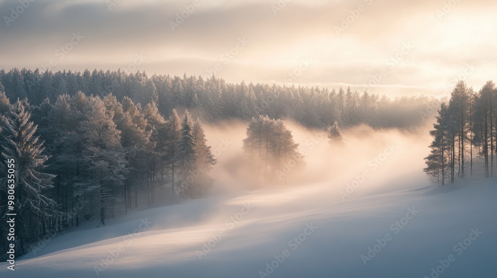 A serene winter landscape with snow-covered trees and low clouds hanging over the horizon, creating a peaceful atmosphere. A serene winter landscape with snow-covered trees and low clouds hanging over the horizon, creating a peaceful atmosphere.