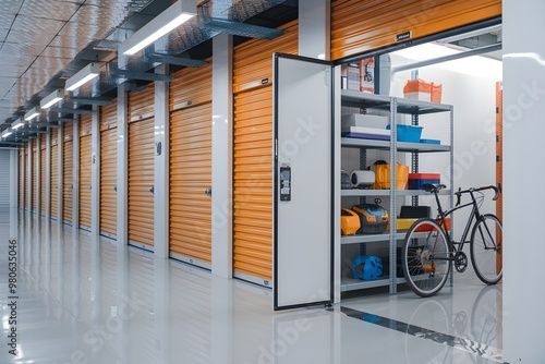 Row of storage units with orange doors, open unit reveals boxes, bicycle, tools, glossy floor