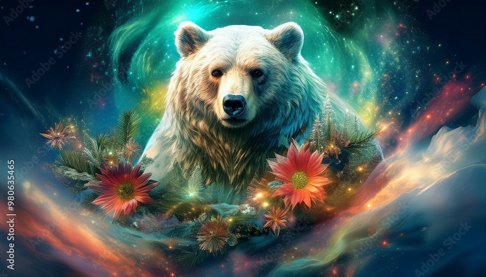 Fototapeta premium Brown bear surrounded by Christmas presents