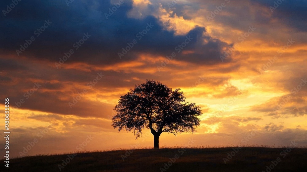 Fototapeta premium A silhouette of a tree standing alone against a backdrop of dramatic sunset clouds.