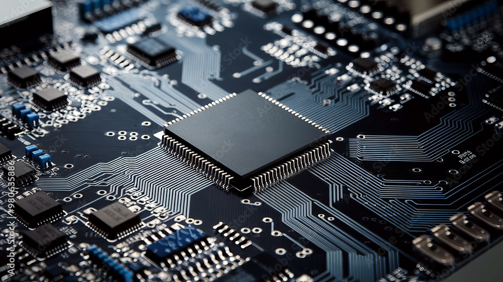 Close-up of a circuit board, containing integrated electronic components, including a processor and memory. Close-up of a circuit board, containing integrated electronic components, including a processor and memory.