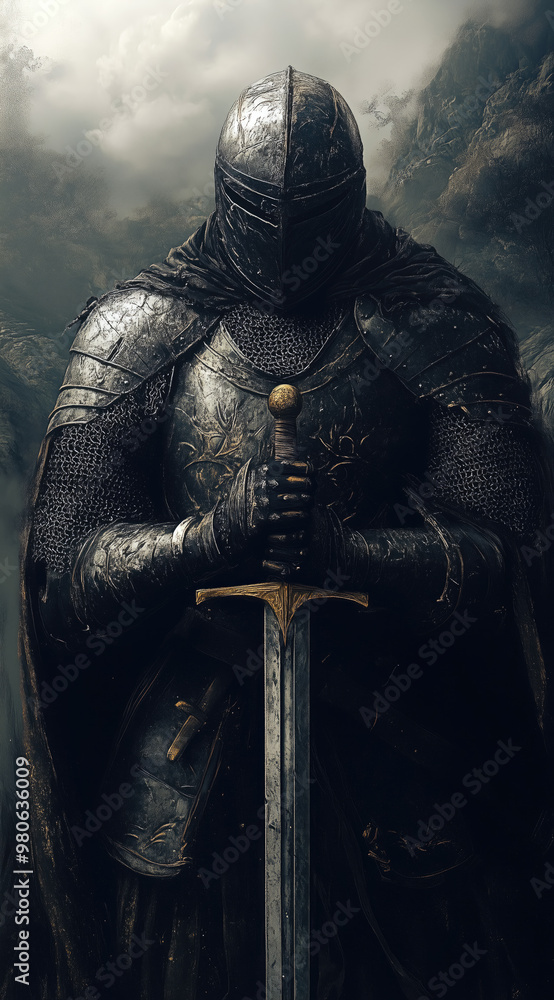 Medieval knight holding sword in misty landscape Medieval knight holding sword in misty landscape