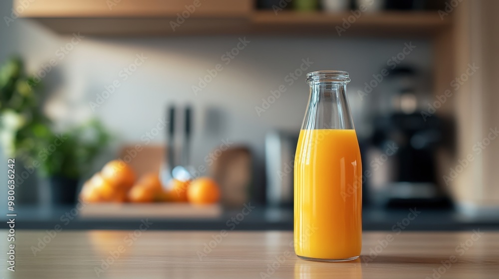 A sleek, modern glass bottle filled with a vibrant orange juice, placed on a kitchen counter with a blurred kitchen setup in the background. A sleek, modern glass bottle filled with a vibrant orange juice, placed on a kitchen counter with a blurred kitchen setup in the background.