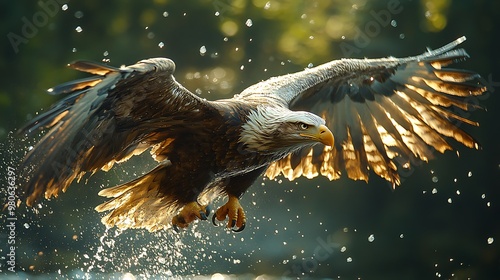 A majestic bald eagle with wings spread wide soars through the air, its talons outstretched as it dives towards the water.