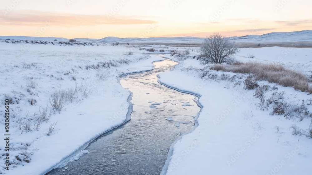 A small river winding through a snow-covered landscape, with ice forming along the banks under a pale winter sky. A small river winding through a snow-covered landscape, with ice forming along the banks under a pale winter sky.