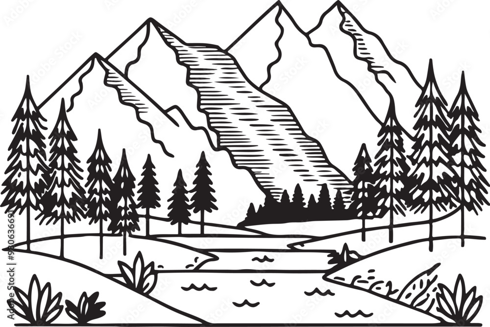 Fototapeta premium Nature Landscape Line Art, A tranquil outdoor scene in vector style