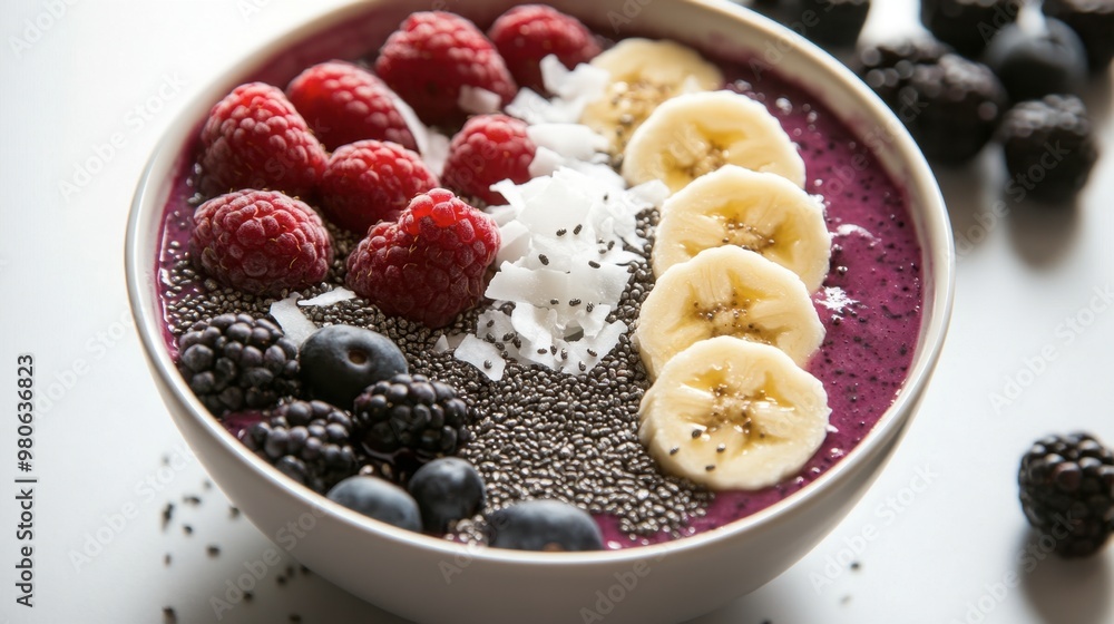 A smoothie bowl made with blended berries, topped with banana slices, chia seeds, and coconut flakes. A smoothie bowl made with blended berries, topped with banana slices, chia seeds, and coconut flakes.