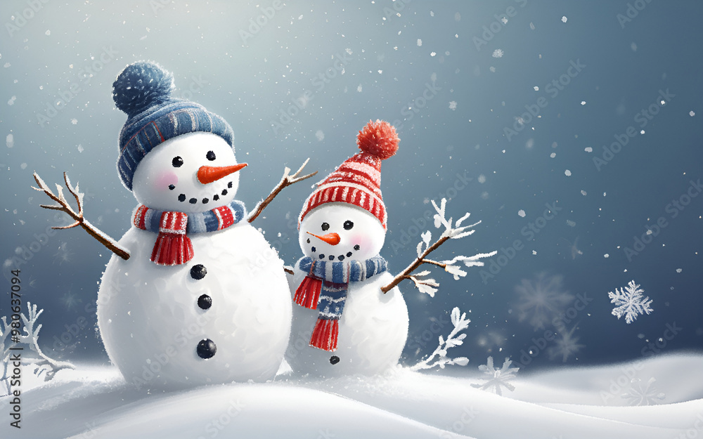 Fototapeta premium A happy couple of snowmen on Christmas night isn't only a cheerful symbol of Christmas and New Year but also friendship, love and mutual respect. The atmosphere of expectation of a miracle. Hand Drawn