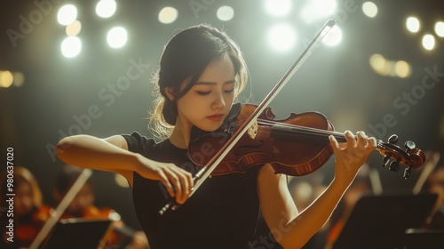 A soloist performing in front of an orchestra, passionately playing a violin concerto under bright stage lights.