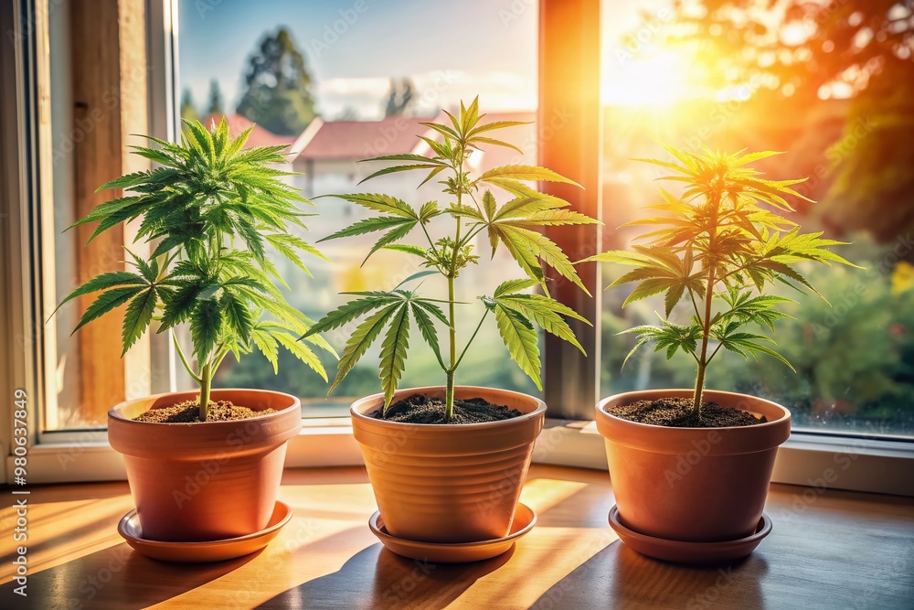 Fototapeta premium Three luscious home-grown cannabis plants in a small flower pot sit on a sunny window sill, surrounded by natural light and a serene home atmosphere.