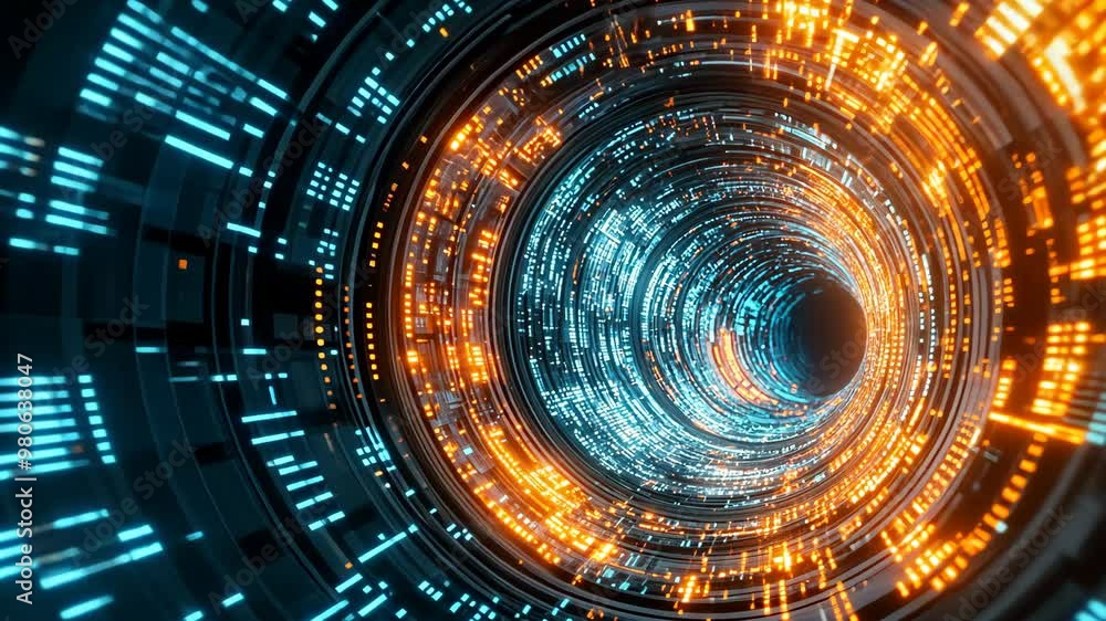 A journey through a vibrant digital tunnel with glowing lights and intricate patterns A journey through a vibrant digital tunnel with glowing lights and intricate patterns