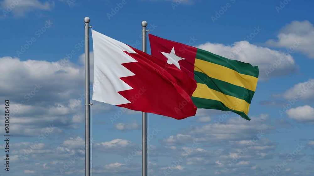 Togo, Togolese Republic and Bahrain flags flying together, video concept of the relationship, two country cooperation concept Togo, Togolese Republic and Bahrain flags flying together, video concept of the relationship, two country cooperation concept